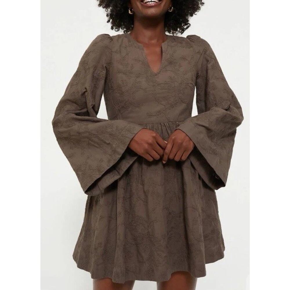 Tuckernuck Hyacinth House Women's Brown Textured Becca Bell-Sleeved Dress Xsmall